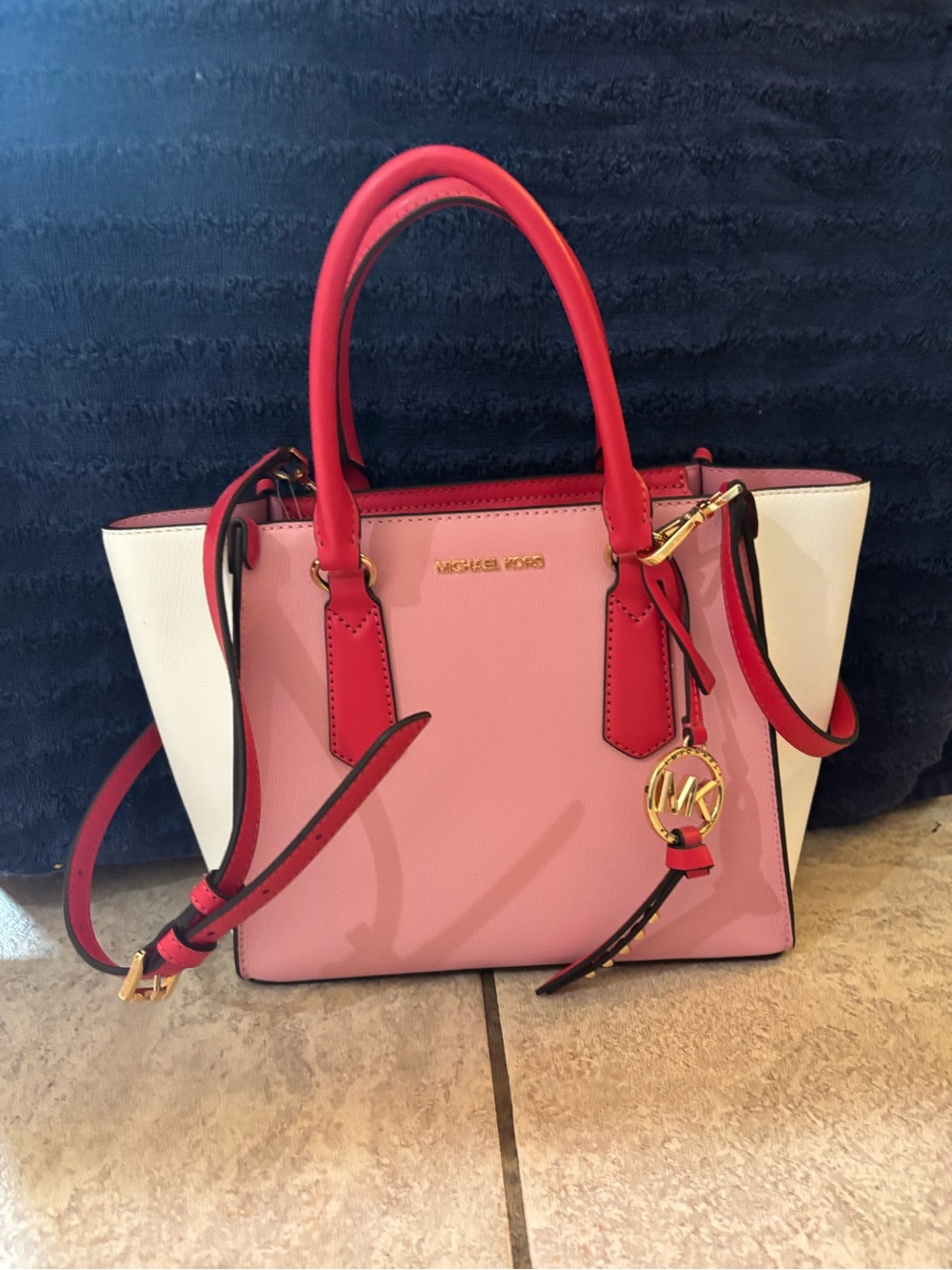 NWT Michael Kors Kris Medium Satchel Carnation Multi Pink Red White Leather